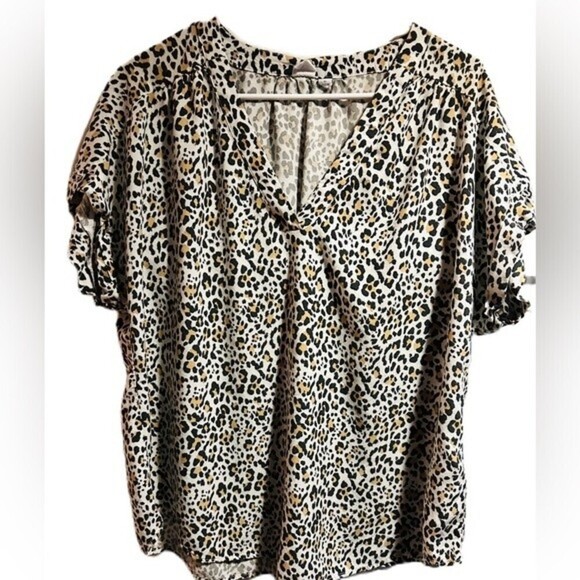 Gap Low Cut V-Neck‎ Loose Fit Animal Print Women’s Short Sleeve Cuff Blouse Xl - Picture 9 of 16